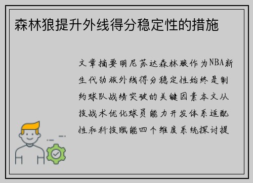 森林狼提升外线得分稳定性的措施
