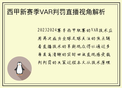 西甲新赛季VAR判罚直播视角解析