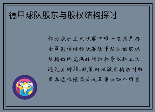 德甲球队股东与股权结构探讨