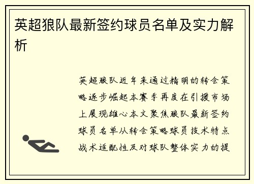 英超狼队最新签约球员名单及实力解析